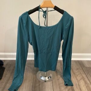 Free People Teal Long Sleeve Open Tie Back Top